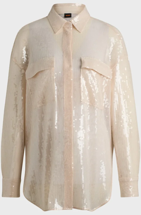 MULHER HUGO BOSS Blusas>Blusa De Ajuste Descontraído Com Lantejoulas E Colarinho Francês