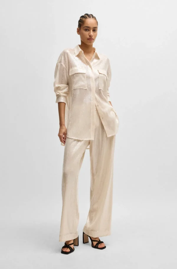 MULHER HUGO BOSS Blusas>Blusa De Ajuste Descontraído Com Lantejoulas E Colarinho Francês
