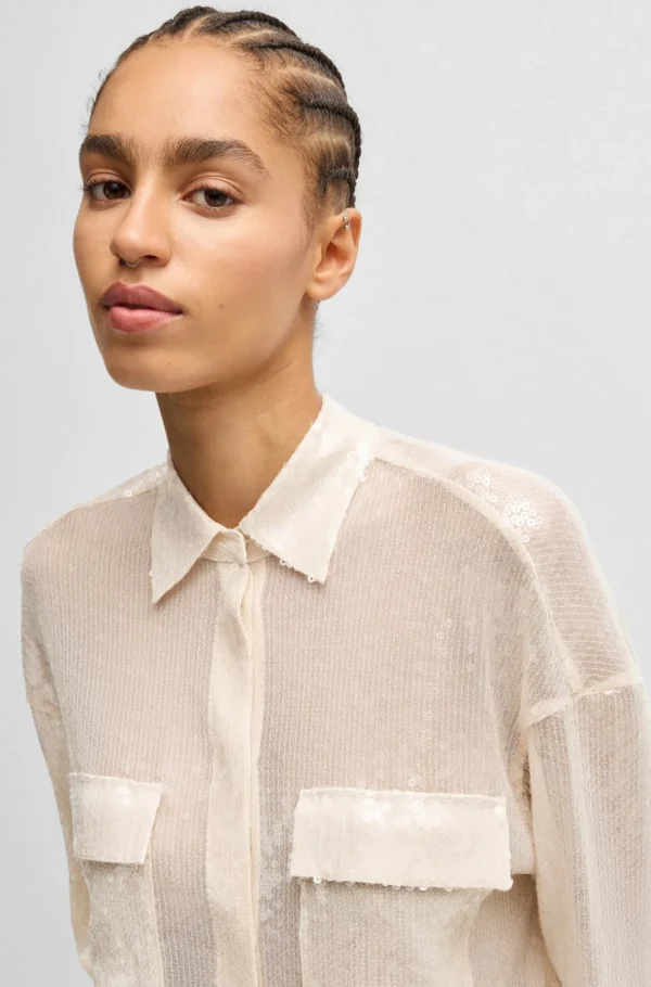 MULHER HUGO BOSS Blusas>Blusa De Ajuste Descontraído Com Lantejoulas E Colarinho Francês