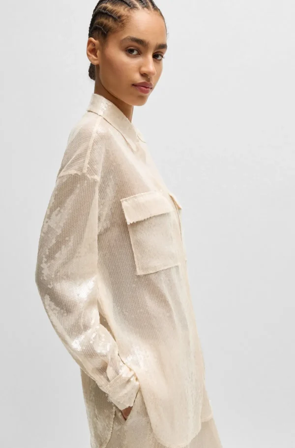 MULHER HUGO BOSS Blusas>Blusa De Ajuste Descontraído Com Lantejoulas E Colarinho Francês