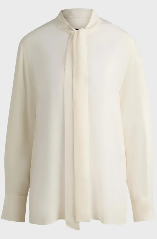 MULHER HUGO BOSS Blusas>Blusa De Ajuste Regular Em Seda Com Colarinho De Laço
