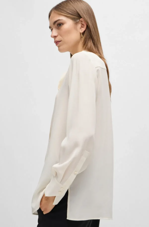 MULHER HUGO BOSS Blusas>Blusa De Ajuste Regular Em Seda Com Colarinho De Laço