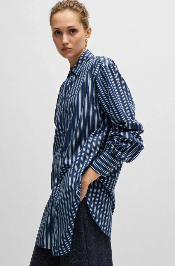 MULHER HUGO BOSS Blusas>Blusa De Ajuste Slim Em Algodão às Riscas Com Monograma