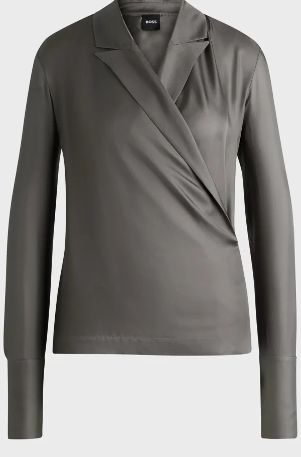 MULHER HUGO BOSS Blusas>Blusa De Ajuste Slim Em Seda Com Frente Envolvente