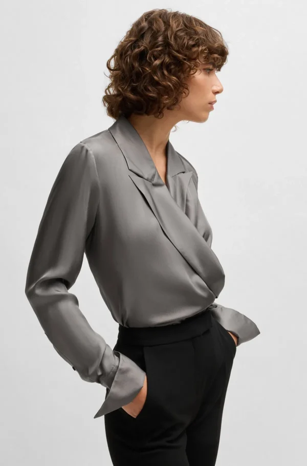 MULHER HUGO BOSS Blusas>Blusa De Ajuste Slim Em Seda Com Frente Envolvente