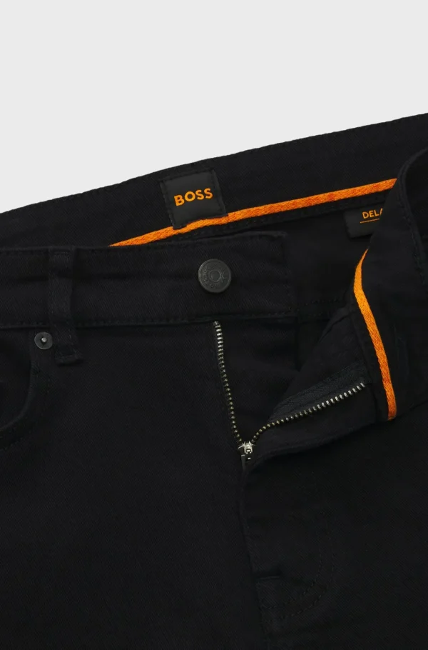 HUGO BOSS Artigos Essenciais>Calças Delaware De Ajuste Slim Em Ganga Elástica Preta Confortável