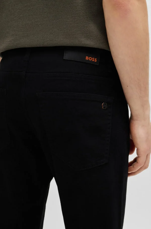 HUGO BOSS Artigos Essenciais>Calças Delaware De Ajuste Slim Em Ganga Elástica Preta Confortável