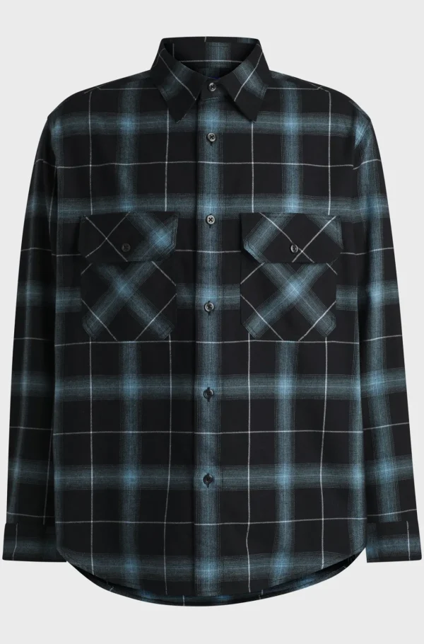 HUGO BOSS Camisas>Calções De Ajuste Grande Em Flanela Xadrez De Algodão