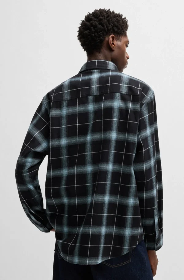HUGO BOSS Camisas>Calções De Ajuste Grande Em Flanela Xadrez De Algodão