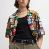 HUGO BOSS Camisas>Camisa De Ajuste Grande Em Popelina De Algodão Com Estampa Sazonal