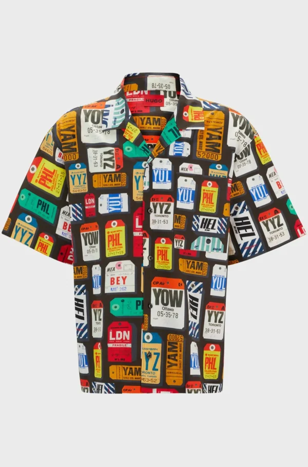 HUGO BOSS Camisas>Camisa De Ajuste Grande Em Popelina De Algodão Com Estampa Sazonal
