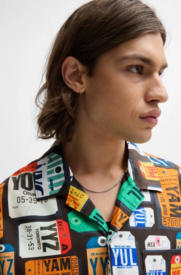 HUGO BOSS Camisas>Camisa De Ajuste Grande Em Popelina De Algodão Com Estampa Sazonal