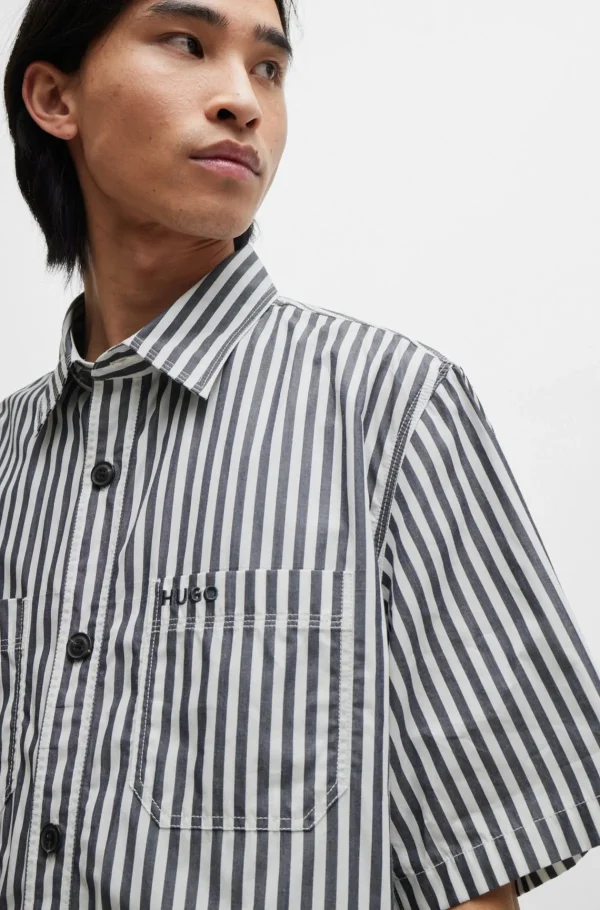 HUGO BOSS Camisas>Camisa De Ajuste Grande Em Cambraia De Algodão às Riscas