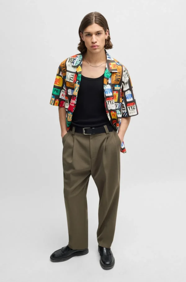 HUGO BOSS Camisas>Camisa De Ajuste Grande Em Popelina De Algodão Com Estampa Sazonal