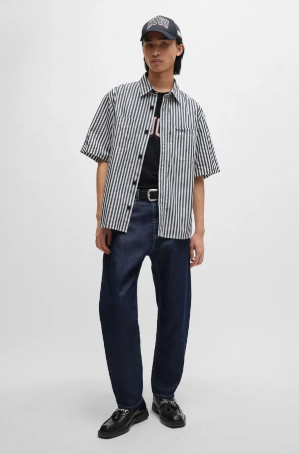HUGO BOSS Camisas>Camisa De Ajuste Grande Em Cambraia De Algodão às Riscas