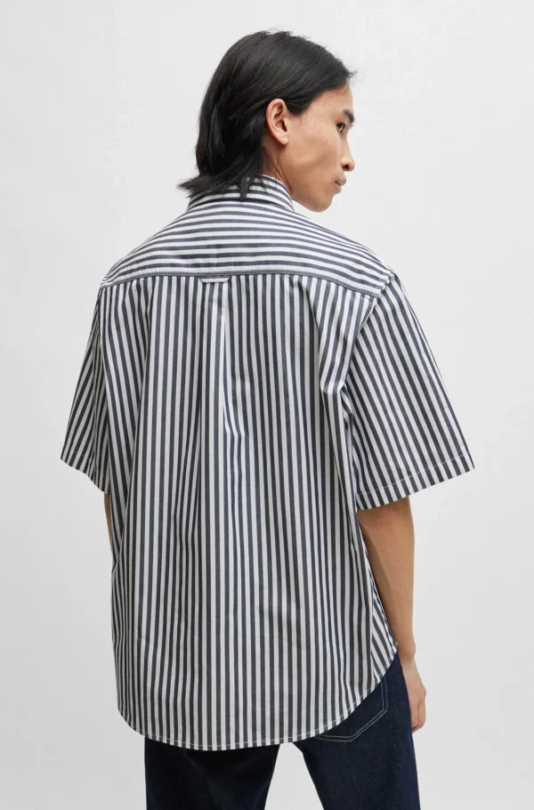 HUGO BOSS Camisas>Camisa De Ajuste Grande Em Cambraia De Algodão às Riscas