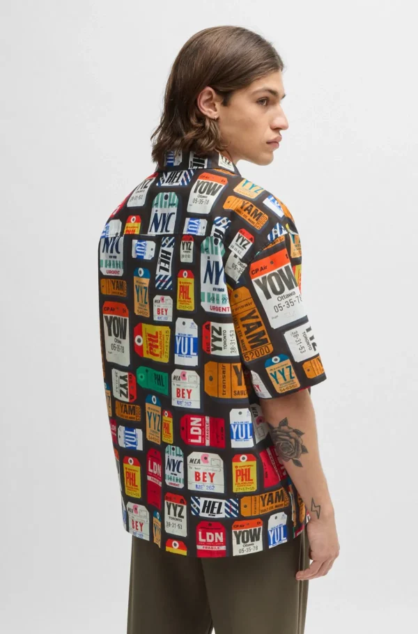 HUGO BOSS Camisas>Camisa De Ajuste Grande Em Popelina De Algodão Com Estampa Sazonal
