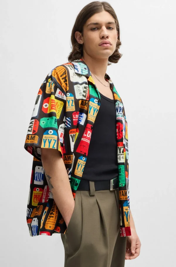 HUGO BOSS Camisas>Camisa De Ajuste Grande Em Popelina De Algodão Com Estampa Sazonal