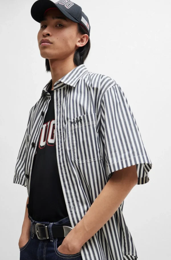 HUGO BOSS Camisas>Camisa De Ajuste Grande Em Cambraia De Algodão às Riscas