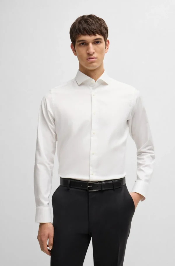 HUGO BOSS Camisas>Camisa De Ajuste Regular Em Sarja De Algodão Elástico Fácil De Engomar