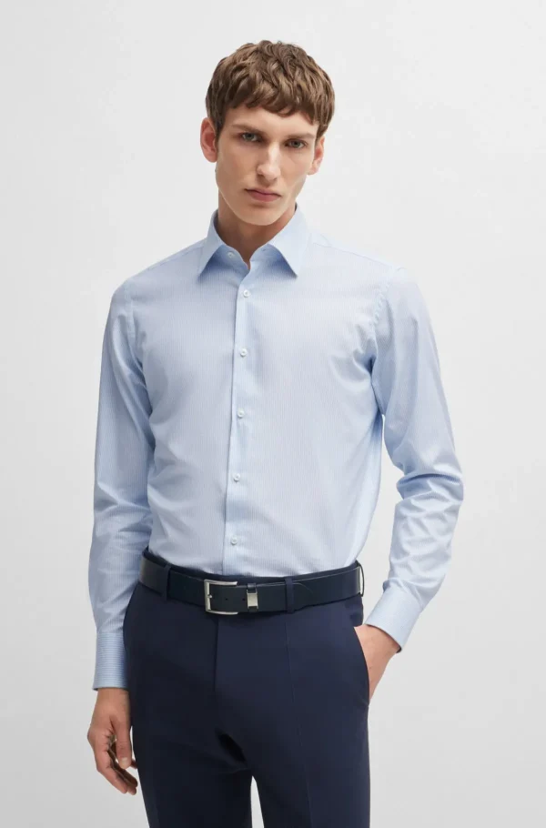 HUGO BOSS Camisas>Camisa De Ajuste Regular Em Algodão Elástico às Riscas Fácil De Engomar