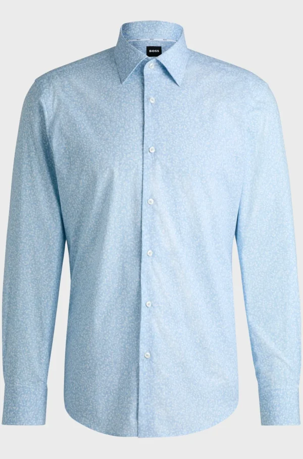 HUGO BOSS Camisas>Camisa De Ajuste Regular Em Popelina Estampada De Algodão Elástico