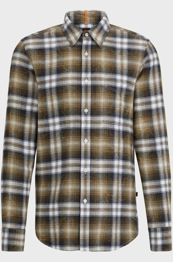 HUGO BOSS Camisas>Camisa De Ajuste Regular Em Flanela De Algodão Axadrezada