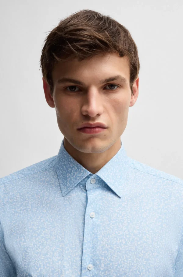 HUGO BOSS Camisas>Camisa De Ajuste Regular Em Popelina Estampada De Algodão Elástico