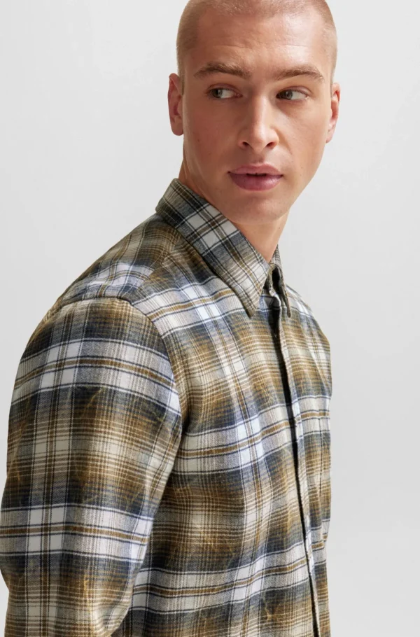 HUGO BOSS Camisas>Camisa De Ajuste Regular Em Flanela De Algodão Axadrezada