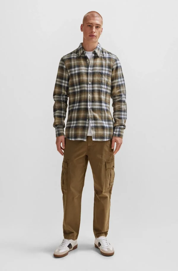 HUGO BOSS Camisas>Camisa De Ajuste Regular Em Flanela De Algodão Axadrezada