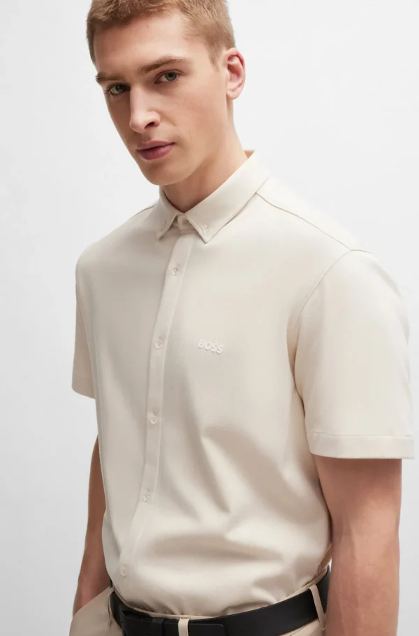 HUGO BOSS Camisas>Camisa De Ajuste Regular Em Algodão Tricotado Resistente Aos Vincos