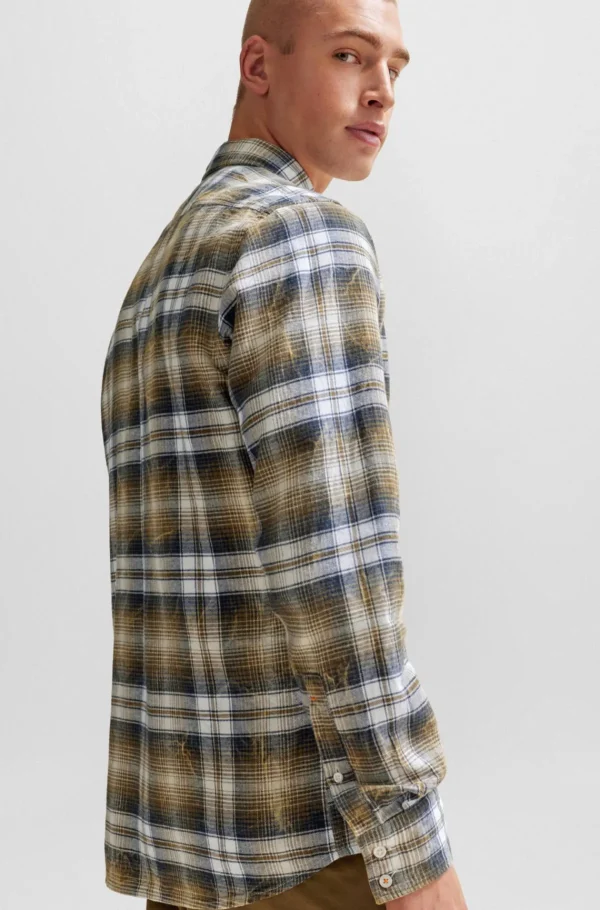 HUGO BOSS Camisas>Camisa De Ajuste Regular Em Flanela De Algodão Axadrezada
