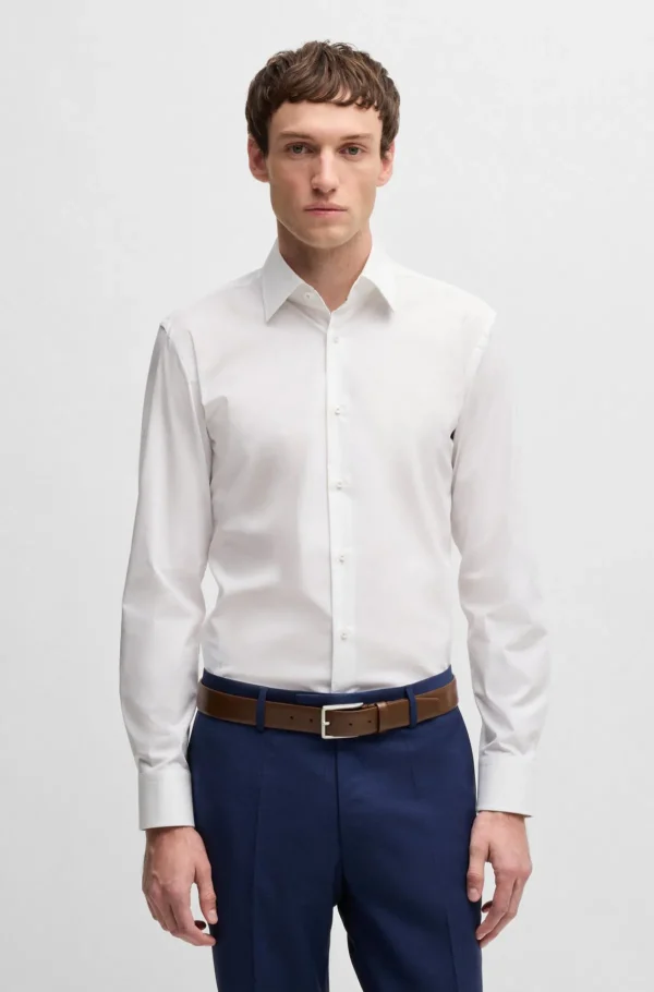 HUGO BOSS Camisas>Camisa De Ajuste Slim Em Popelina De Algodão Elástico Fácil De Engomar