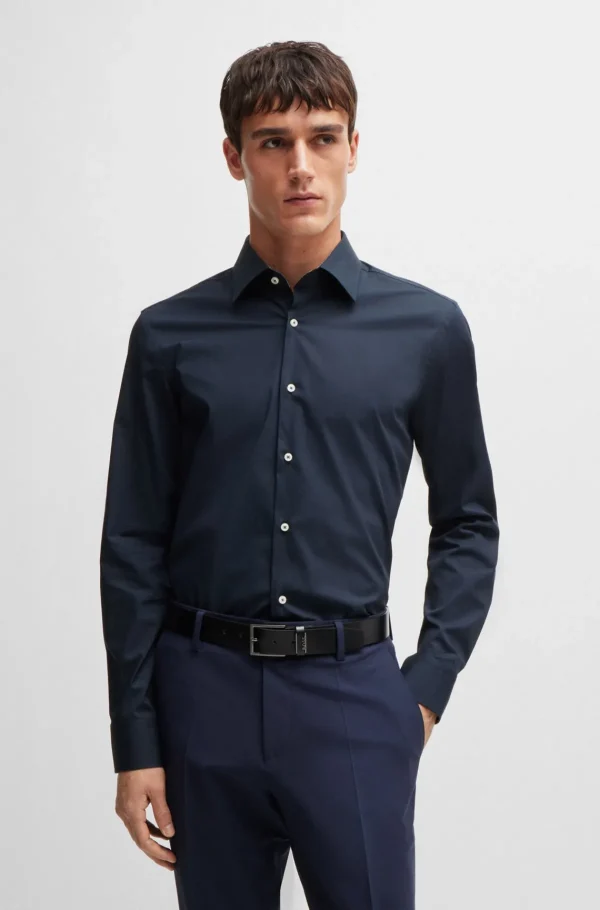 HUGO BOSS Camisas>Camisa De Ajuste Slim Em Popelina De Algodão Elástico Fácil De Engomar