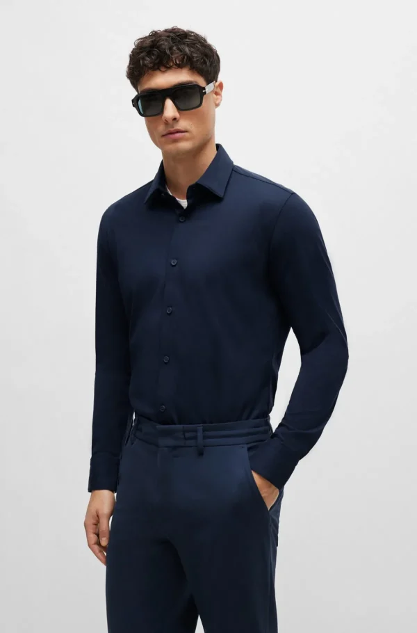 HUGO BOSS Camisas>Camisa De Ajuste Slim Em Jérsei De Mistura De Algodão Elástico De Alto Desempenho