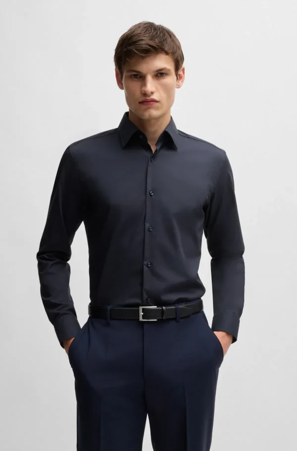 HUGO BOSS Camisas>Camisa De Ajuste Slim Em Popelina De Algodão Elástico Fácil De Engomar