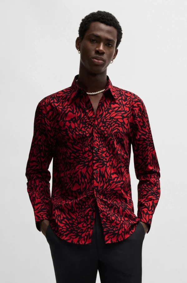 HUGO BOSS Camisas>Camisa De Ajuste Slim Em Popelina De Algodão Estampada