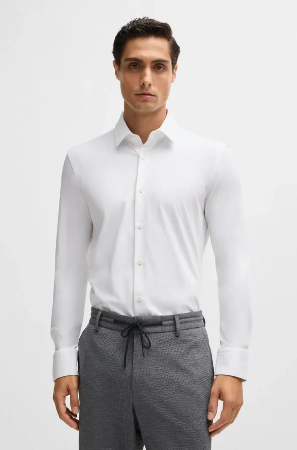 HUGO BOSS Camisas>Camisa De Ajuste Slim Em Jérsei De Mistura De Algodão Elástico De Alto Desempenho