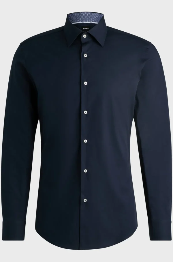 HUGO BOSS Camisas>Camisa De Ajuste Slim Em Popelina De Algodão Elástico Fácil De Engomar