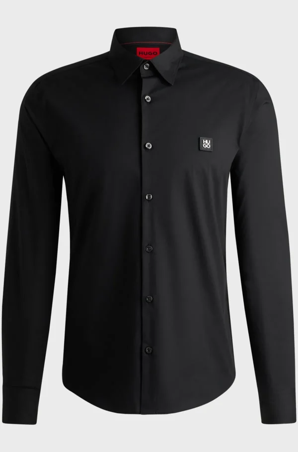 HUGO BOSS Camisas>Camisa De Ajuste Slim Em Algodão Elástico Com Logótipo Sobreposto