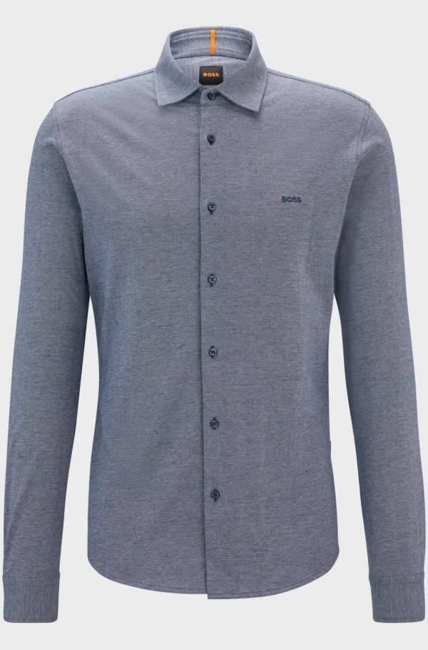 HUGO BOSS Camisas>Camisa De Ajuste Slim Em Algodão Piqué De Mistura
