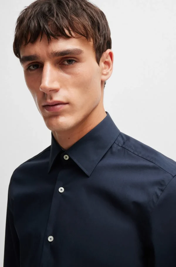 HUGO BOSS Camisas>Camisa De Ajuste Slim Em Popelina De Algodão Elástico Fácil De Engomar