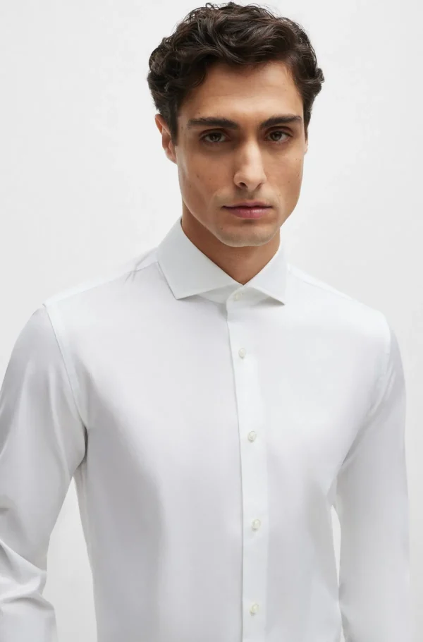 HUGO BOSS Artigos Essenciais>Camisa De Ajuste Slim Em Algodão Elástico Com Punhos Duplos