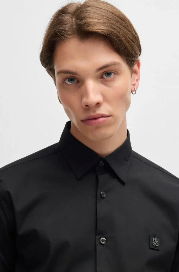 HUGO BOSS Camisas>Camisa De Ajuste Slim Em Algodão Elástico Com Logótipo Sobreposto