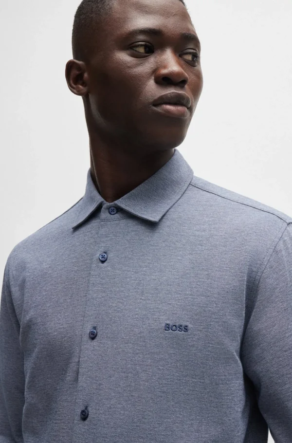 HUGO BOSS Camisas>Camisa De Ajuste Slim Em Algodão Piqué De Mistura