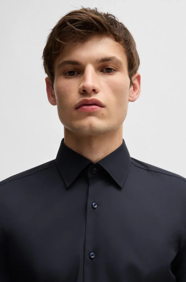 HUGO BOSS Camisas>Camisa De Ajuste Slim Em Popelina De Algodão Elástico Fácil De Engomar