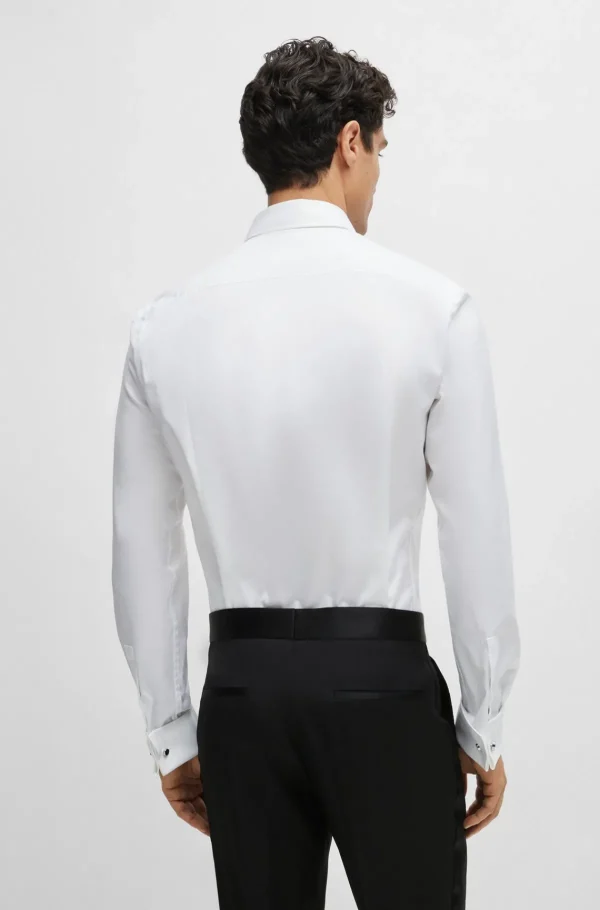 HUGO BOSS Artigos Essenciais>Camisa De Ajuste Slim Em Algodão Elástico Com Punhos Duplos