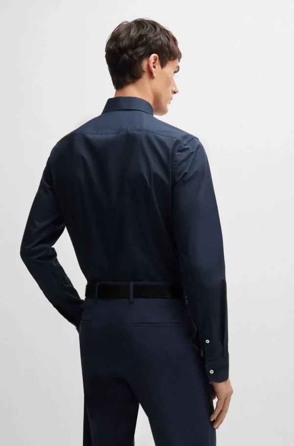 HUGO BOSS Camisas>Camisa De Ajuste Slim Em Popelina De Algodão Elástico Fácil De Engomar