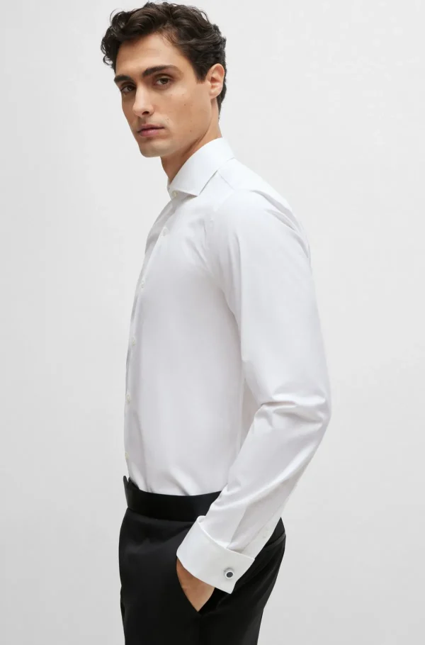 HUGO BOSS Artigos Essenciais>Camisa De Ajuste Slim Em Algodão Elástico Com Punhos Duplos