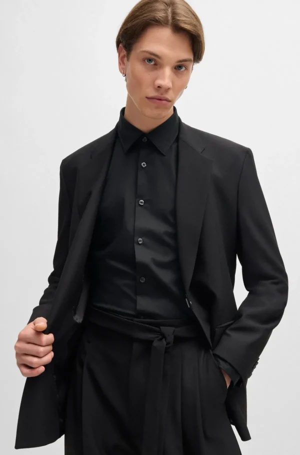 HUGO BOSS Camisas>Camisa De Ajuste Slim Em Algodão Elástico Com Logótipo Sobreposto